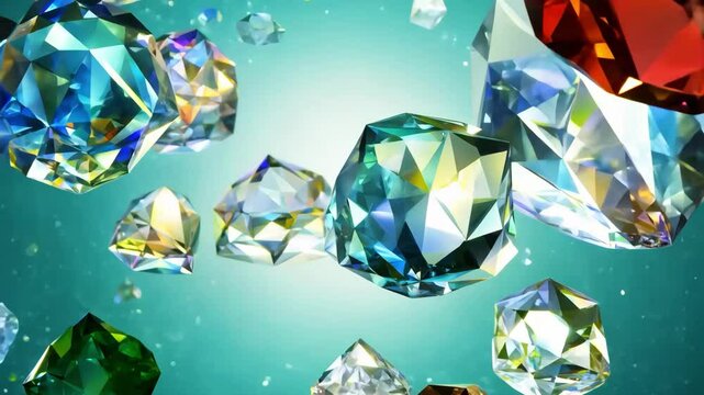A collection of colorful gems are displayed in a blue background. The gems are of various shapes and sizes, and they appear to be arranged in a circular pattern. Scene is one of beauty and elegance