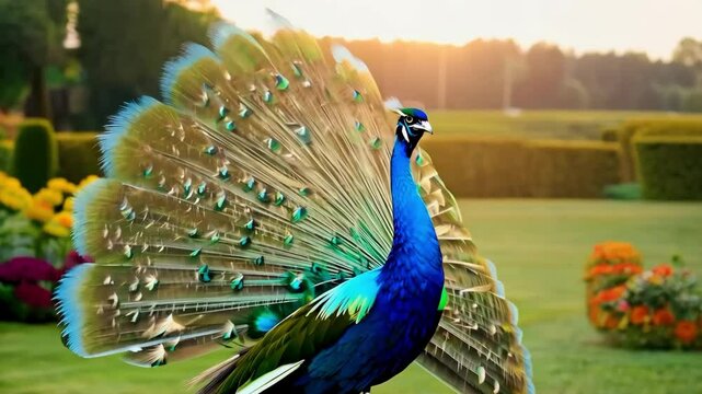A peacock is walking in a garden with flowers. The peacock is the main focus of the image, and the flowers are in the background. Scene is peaceful and serene, as the peacock walks through the garden