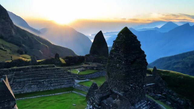 A mountain range with a green hillside and a large stone structure in the middle. The mountain range is covered in green grass and the stone structure is surrounded by grass