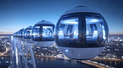 A futuristic observation wheel with glass pods overlooking a cityscape at night.