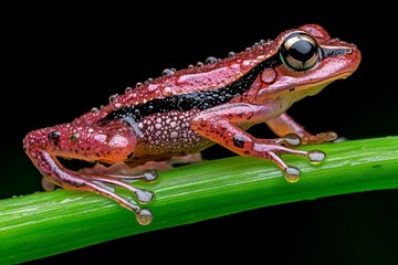 Fototapeta premium A tiny frog sitting on a dewdrop-covered blade of grass, its delicate details illuminated by the soft morning light