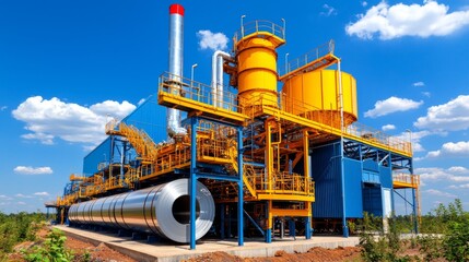 Factory structure under bright blue sky with industrial equipment and pipes at a manufacturing site