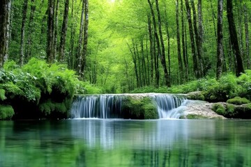 A tranquil forest stream winding its way through tall trees, with crystal-clear water reflecting the lush greenery
