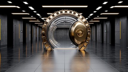 Massive golden vault door stands open in a modern, well-lit corridor with polished floors and sleek walls