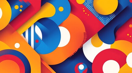 Abstract geometric shapes, vibrant colors, overlapping circles and polygons.