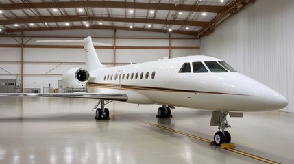 Obraz premium Luxurious Private Jet in Well-Lit Hangar with Modern Design