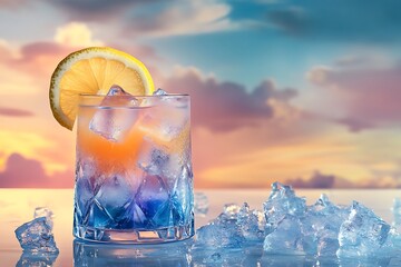 Three Cuba libre exotic tasty cocktail with beautiful sunset background