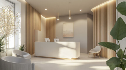 Modern reception area with minimalist design, featuring sleek desk, plants, and natural light. warm tones create welcoming atmosphere for visitors