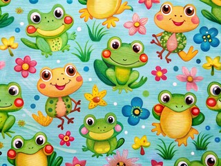 Fototapeta premium Adorable Frog Baby Fabric Pattern, Cute Toad Kids Textile Design, Cartoon Amphibian Print