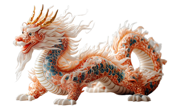 A highly-detailed Chinese dragon with scales that shimmer in red and gold, traditional festive patterns, and an intense, noble expression.