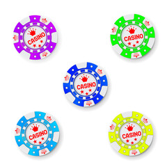 Red and blue casino chips stacked and falling representing gambling, winning, and losing money