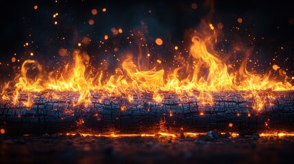Fiery log burning in dark night with sparks.