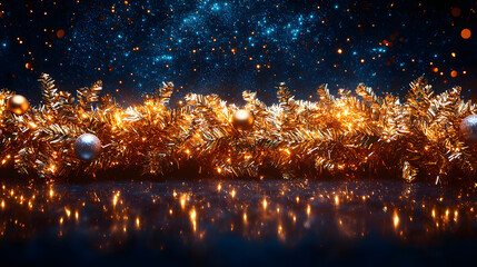 Fototapeta premium A Luxurious Straight Line of Golden Christmas Tinsel Captivating the Holiday Spirit Intertwined with Fairy Lights in the Festive Ambiance