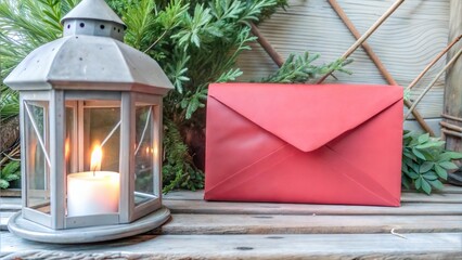 Simple red envelope placed next to a glowing lantern with clear space around both objects, creating a festive, minimalistic scene with copy space
