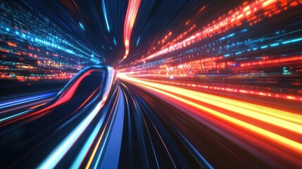 Obraz premium A futuristic design of a high-speed train at full speed, with glowing rail tracks and dynamic motion blur emphasizing its technology