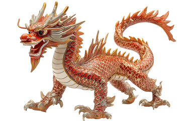 A highly-detailed Chinese dragon with scales that shimmer in red and gold, traditional festive patterns, and an intense, noble expression.