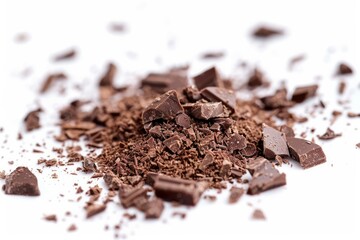 Image of Pile of small chocolate crumbs on white background. Professional photo for food blog