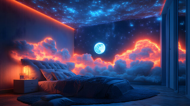 A Whimsical Bedroom Decorated with Unique Neon Lights in Moonlit Stars and Fluffy Clouds Featuring a Cozy Reading Nook