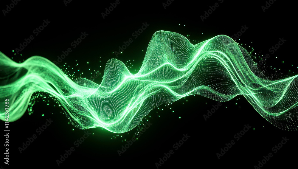 Wall mural abstract digital waves and glowing data particles on a green background