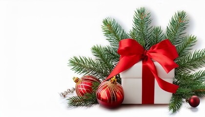 Christmas Composition With a Gift Box And Red Ribbon, Fir Branches, Christmas Tree Toys. Copy Space For The Design Of Your Greetings. Christmas Tree With Gifts.