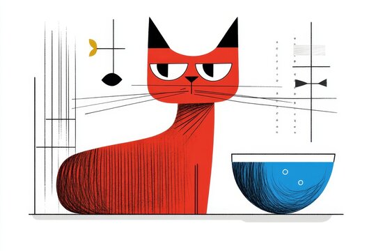 A whimsical 2D drawing of a cat staring intently at a fish bowl, surrounded by cartoonish details and playful lines on white
