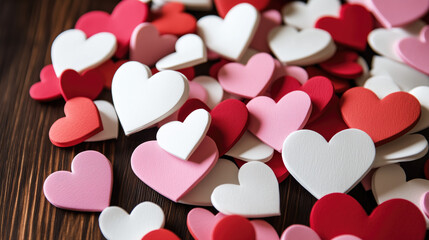 Obraz premium Vibrant red, pink, and white paper hearts scattered on a table in various sizes, creating a romantic and colorful background perfect for Valentine's Day or other love-themed projects.