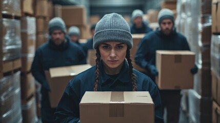 group of workers moving boxes in a warehouse