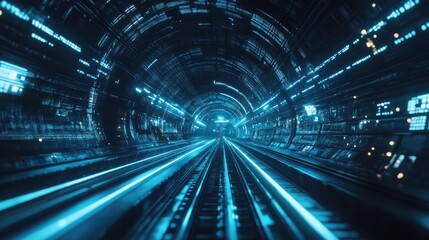 A futuristic high-speed rail network with glowing rails and advanced trains showcasing high-tech design and efficiency
