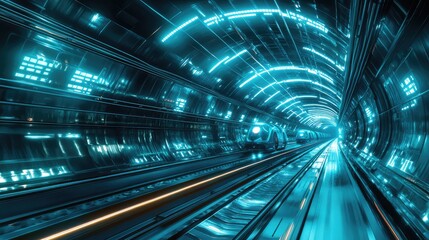 A futuristic high-speed rail network with glowing rails and advanced trains showcasing high-tech design and efficiency