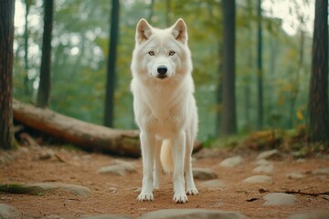 Obraz premium A wolf standing in a forest clearing, with its piercing eyes and majestic stance creating a sense of wilderness