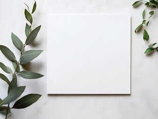 A white blank card framed with eucalyptus leaves with copy space at the center, for notes, invitation or greeting card design. 