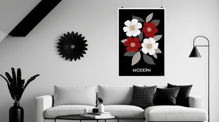 Modern monochrome interior with black accessories and a floral poster above a sofa