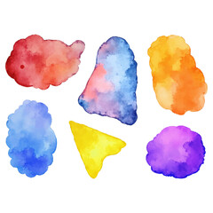 Set of abstract watercolor shapes in various colors. These organic blobs and stains are perfect for backgrounds, design elements, or creating unique patterns.