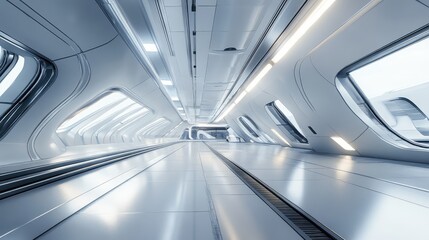 A futuristic high-speed train in a minimalist station, with metallic accents and clean, cutting-edge architecture