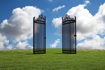 An open gate leading to a field of wildflowers, symbolizing new opportunities and freedom