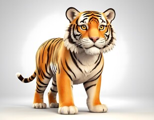 Obraz premium closeup shot of beautiful 3d tiger cartoon character isolated on blurry grey background 