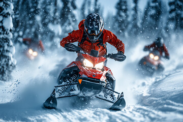 a person riding a snowmobile in the snow with other people behind him on a snowy mountain side with trees