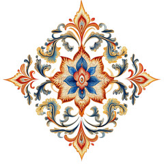 Fototapeta premium Intricate floral design featuring vibrant colors and ornate patterns, showcasing central blue flower surrounded by elegant swirls and leaves