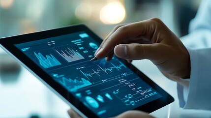 A close-up of a tablet displaying health analytics graphs and statistics, with a hand interacting with the touchscreen to explore data sharing options 
