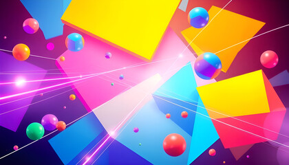 "Modern Abstract Background with Colorful 3D Geometric Shapes, Floating Spheres, and Glowing Lines for Creative Design"