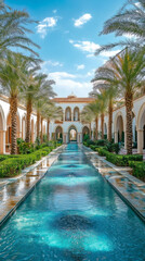 Obraz premium Gorgeous sight of a sprawling turquoise water feature set amid palm trees and moorish design, evoking a serene and opulent ambiance