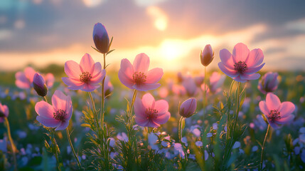 Sun-Drenched Meadow: The Captivating Drama of Buds Blooming into Delicate Pale Pink Flowers