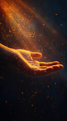 Obraz premium Golden light and glitter dust on a hand, representing blessings and spirituality in ramadan