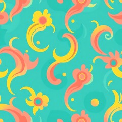 Aqua Floral Swirl: A vibrant seamless pattern featuring abstract swirls and stylized flowers in shades of yellow, coral, and teal.