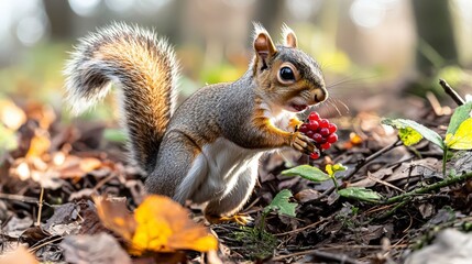 Squirrel hopping through forest floor wildlife habitat nature photography vibrant environment close-up view animal behavior