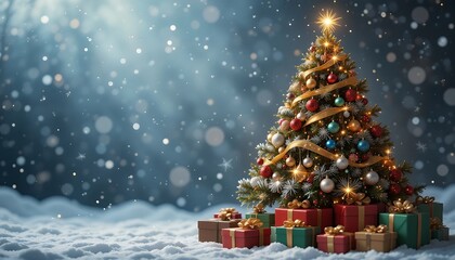 Obraz premium Festive Christmas Tree with Gifts in Snowy Landscape