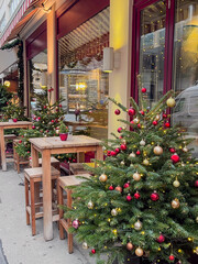 Christmas tree adorned festive cafe