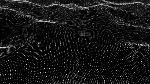 Abstract monochrome background with flowing waves and white dots, technological particle animation on black backdrop, smooth and dynamic motion design