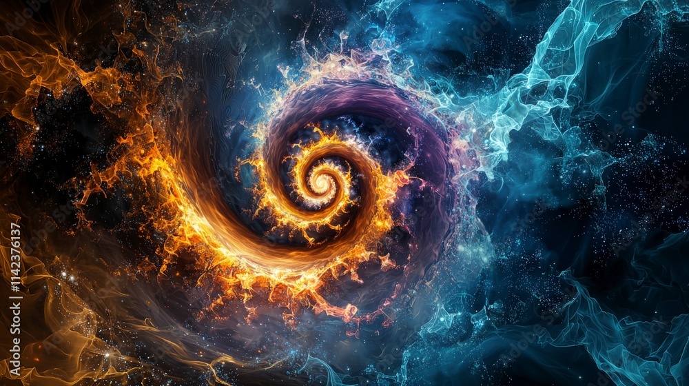 Poster dynamic spiral of glowing particles in cosmic space abstract art vibrant colors energetic viewpoint 