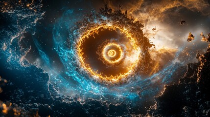 Glowing spiral of particles in cosmic space digital art colorful swirls celestial environment abstract viewpoint